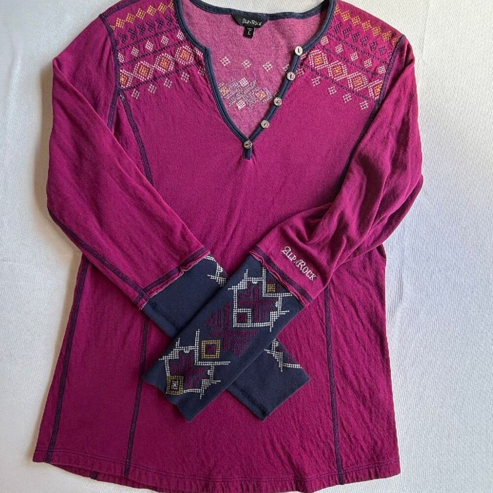 Alp N Rock Kason Embroidered Henley in Magenta Navy Woman’s Lg